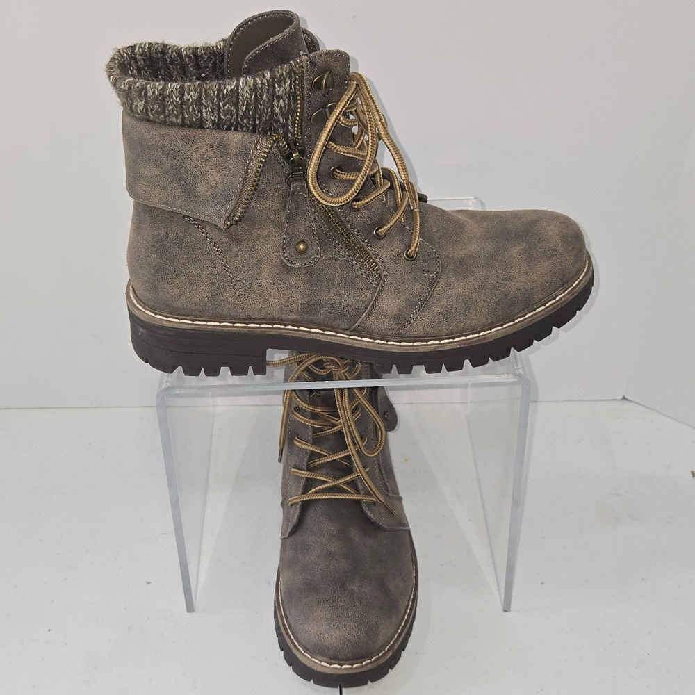 Cliffs by White Mountain Mandy Boots Women 8.5 Taupe Knit Collar Combat Lug Sole
